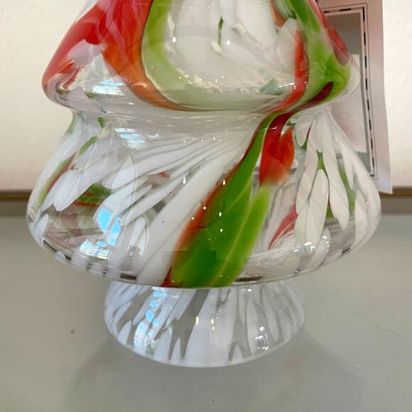 Art Glass CHRISTMAS TREE 10in Red Green White Marble Handmade in Poland NEW - Picture 5 of 14